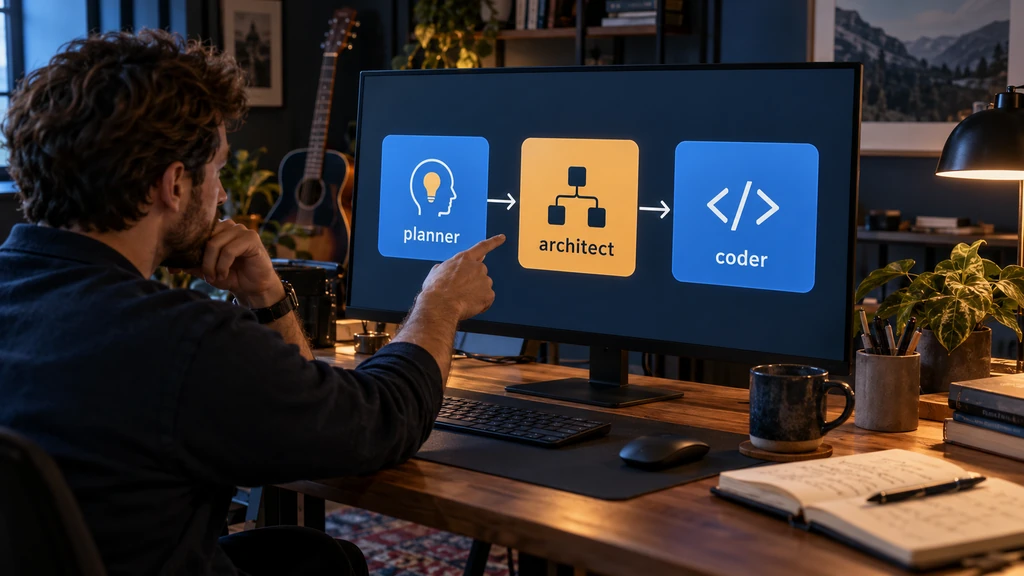 Ilustrační příklad propojení rolí planner, architect a coder; nejde o autentický screenshot ani dokončený běh OpenFlow.
