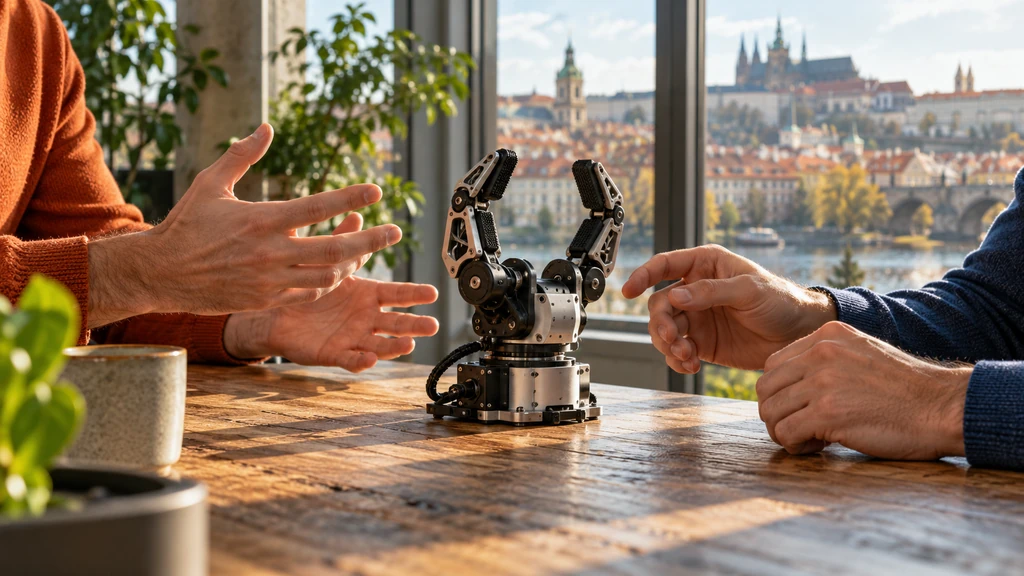 Ilustrační rozhovor nad robotickým prototypem. Nejde o skutečné partnery Tensor Ventures ani doklad investice.
