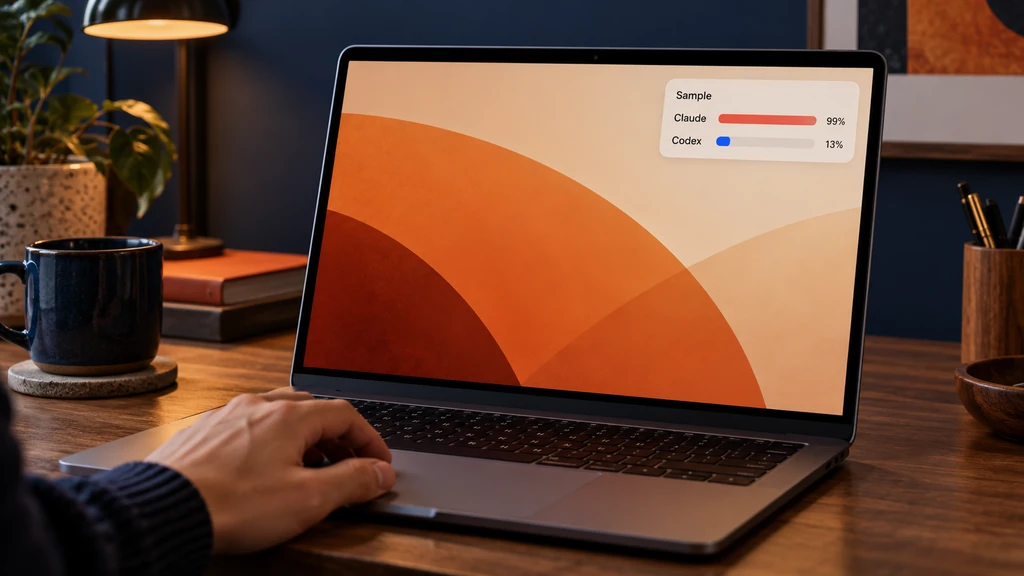 Ilustrační widget s ukázkovými hodnotami Claude 99 % a Codex 13 % převzatými z dokumentace; nejde o aktuální spotřebu účtu.