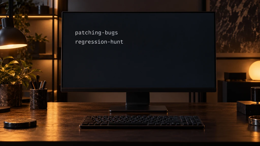 Ilustrační editor s názvy pluginů patching-bugs a regression-hunt; nejde o příkazy ani o výsledky kontroly kódu.