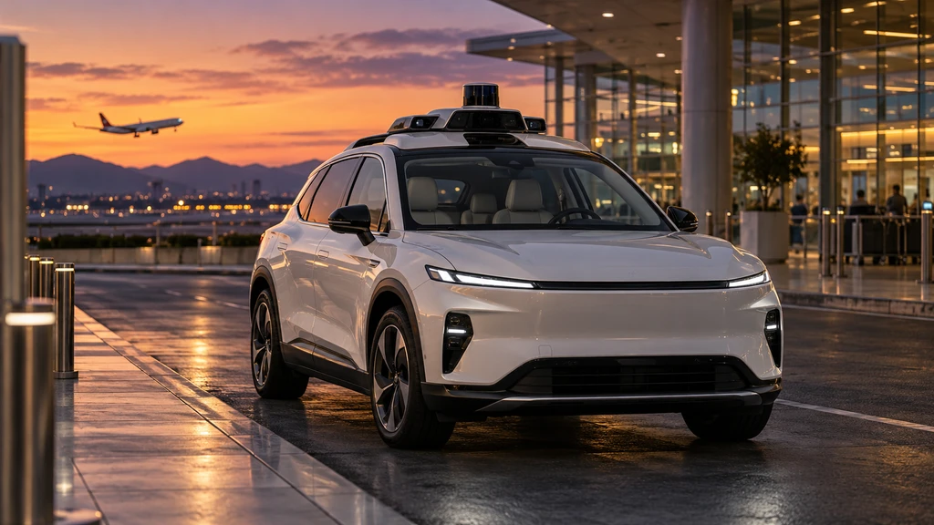 Ilustrační robotaxi u letištního terminálu; nejde o dokumentární fotografii vozu Waymo nebo konkrétního letiště.
