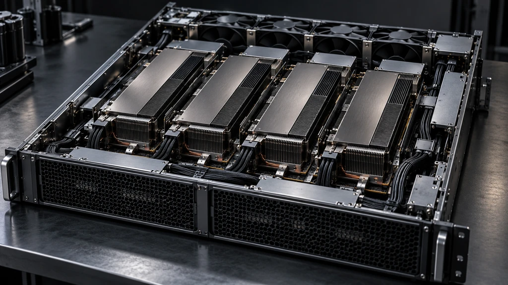 Ilustrační GPU server pro inferenci jazykových modelů; nejde o konkrétní hardware ani výsledek benchmarku EAGLE-4.