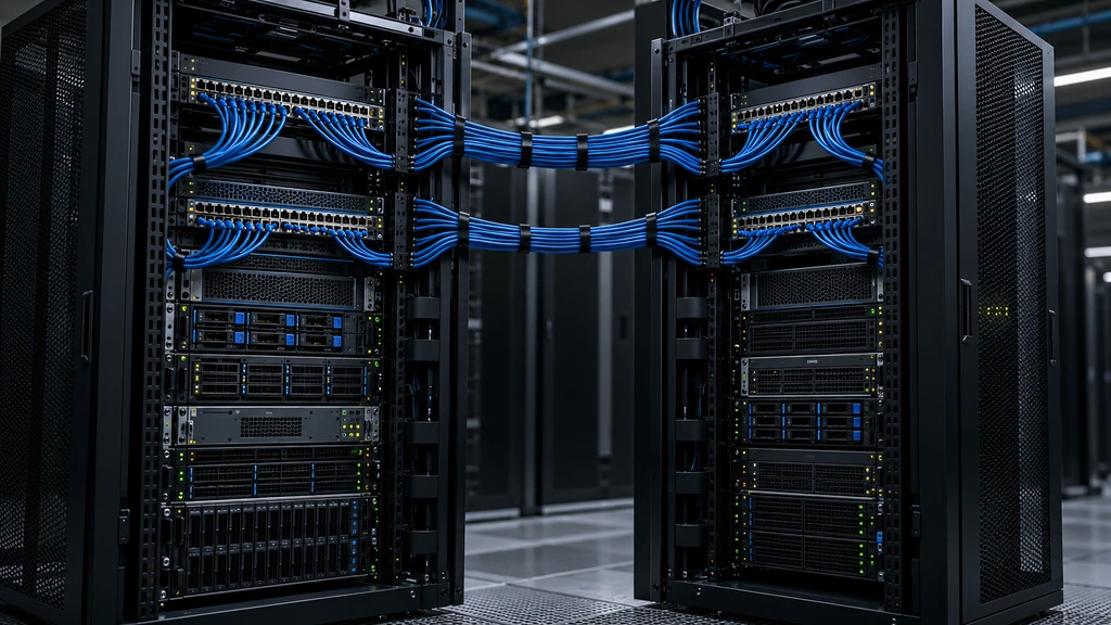 Ilustrační serverové úložiště a síťová propojení pro cloudovou replikaci; nejde o skutečné zařízení GitHubu nebo Azure.