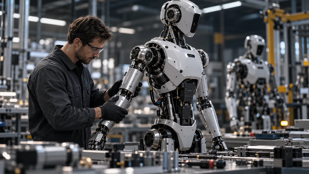 Ilustrační montáž humanoidního robota. Nejde o fotografii továrny Tesly ani přesného modelu Optimus.