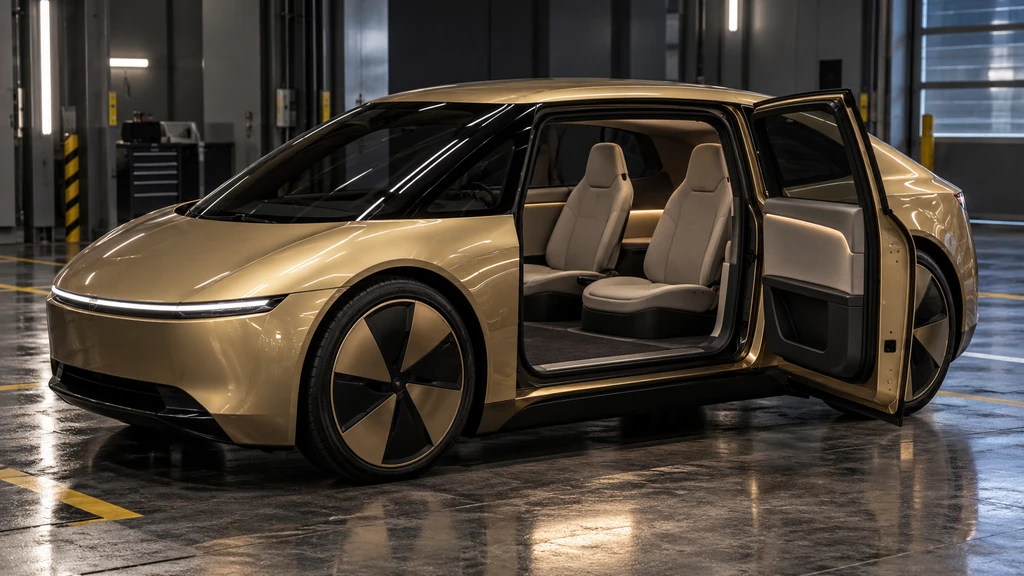 Ilustrační prototyp autonomního taxi v kontrolním prostoru. Nejde o přesný model Cybercab ani potvrzení jeho schválení.