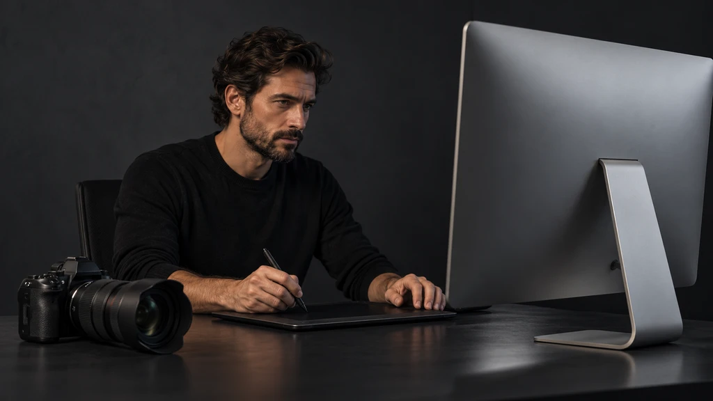 Ilustrační retušér s grafickým tabletem a fotografickým vybavením.