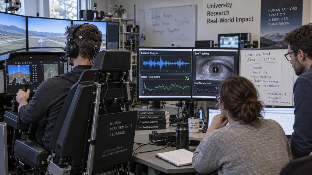 Pilot v leteckém simulátoru se senzory a monitory analýzy řeči, očí a srdečního tepu.