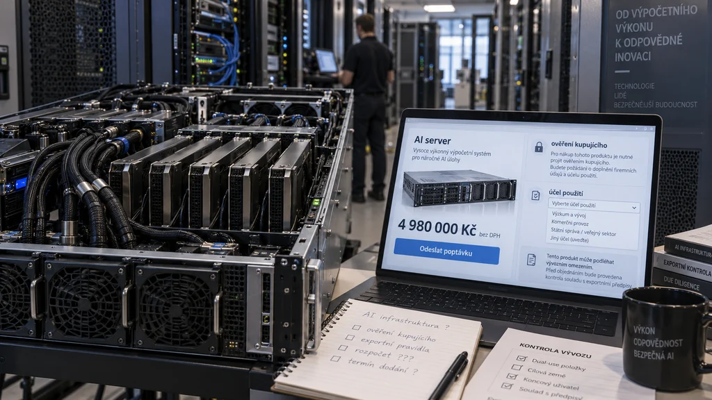 Rackový AI server a notebook s českou poptávkou, ověřením kupujícího a cenou v korunách.