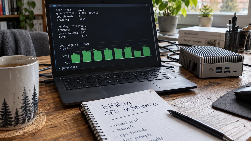 Notebook s terminálem pro BitNet CPU inference, grafem CPU a mini-PC na pracovním stole