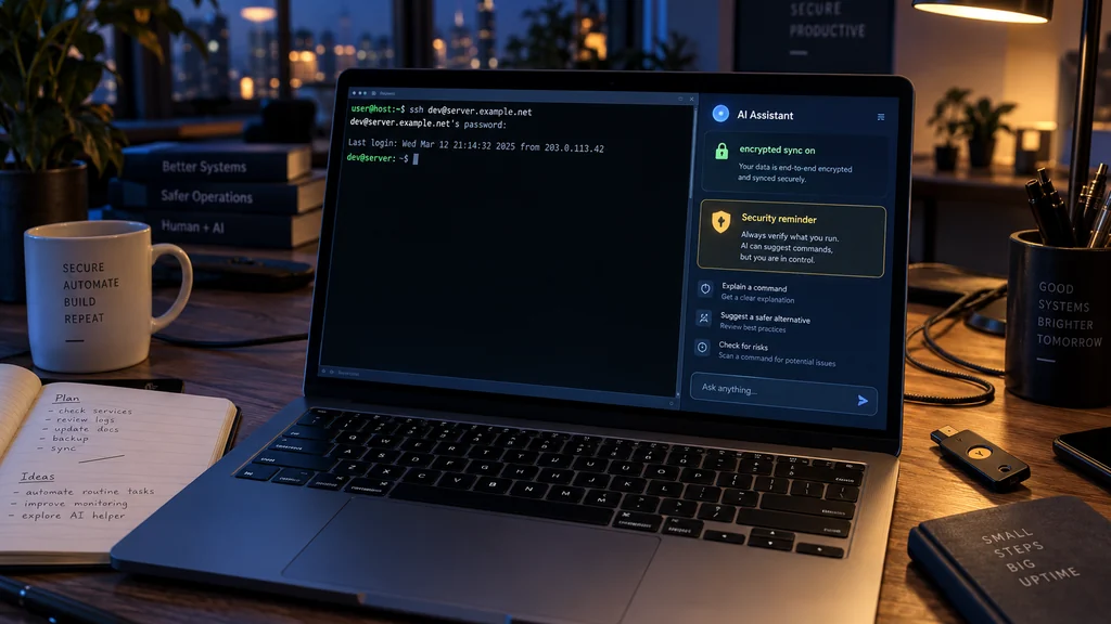 Notebook s terminálem SSH, AI panelem a stavem encrypted sync on na pracovním stole