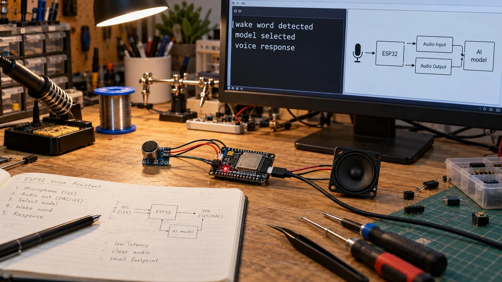 Vývojová deska ESP32 s mikrofonem, reproduktorem a zapnutou obrazovkou se sériovým logem