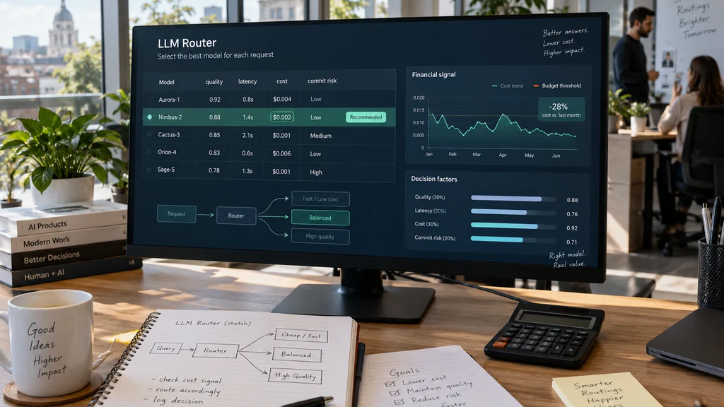 Monitor s LLM router dashboardem, tabulkou modelů, náklady, latencí, kvalitou a commit riskem