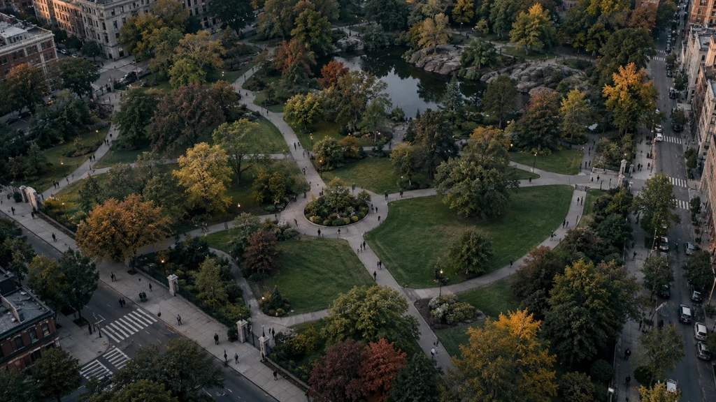 Ilustrační pohled na park s více vstupy a cestami.