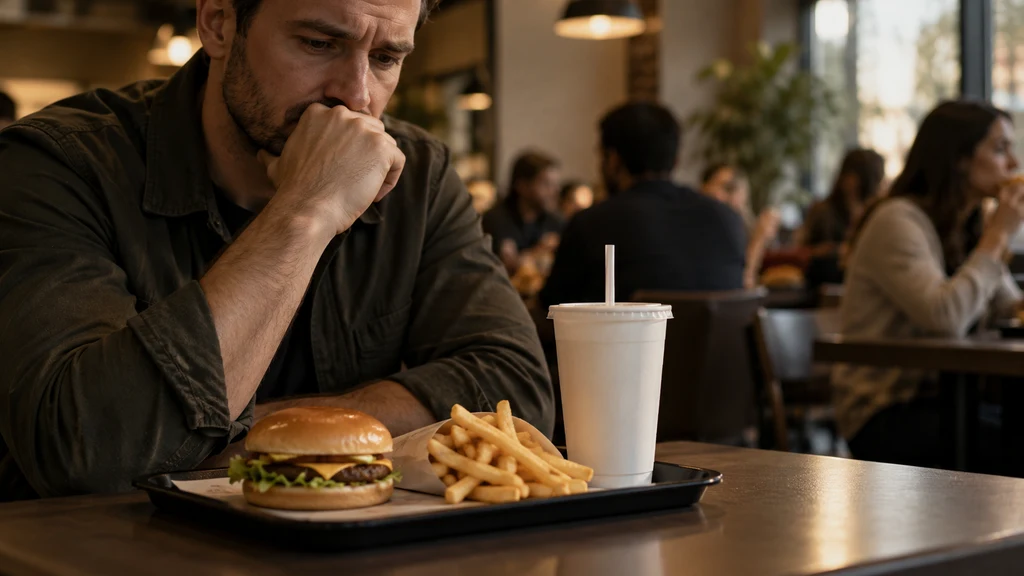 Ilustrační zákazník s jídlem v neznačkové fastfoodové restauraci.