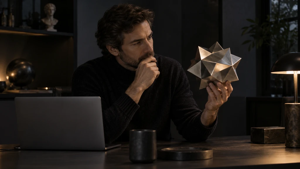 Ilustrační scéna člověka zkoumajícího geometrický mnohostěn u počítače.