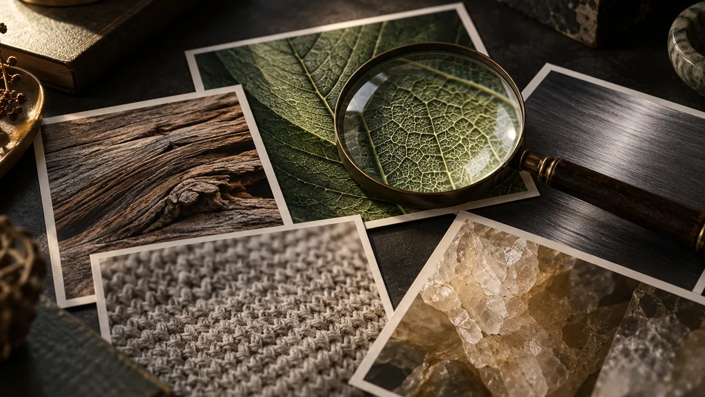 Fotografické tisky s detailními texturami a lupou na tmavém stole symbolizují vyhledávání vizuálních detailů.