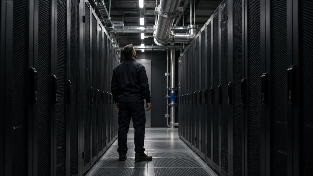 Ilustrační kontrola technické infrastruktury datacentra.