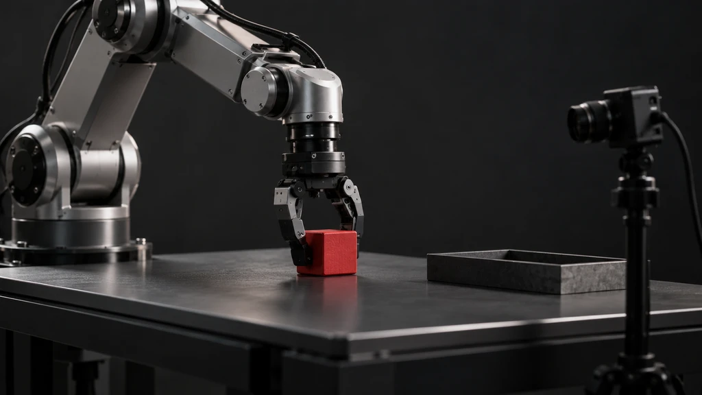 Ilustrační robotické rameno manipulující s předmětem před kamerou.