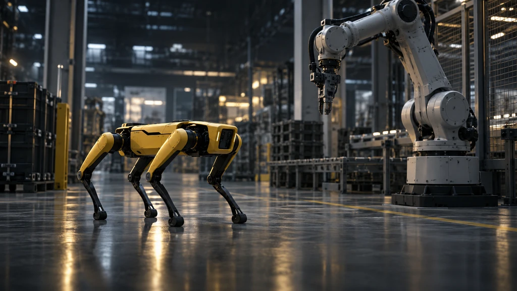 Ilustrační mobilní robot a robotické rameno v průmyslovém prostředí.