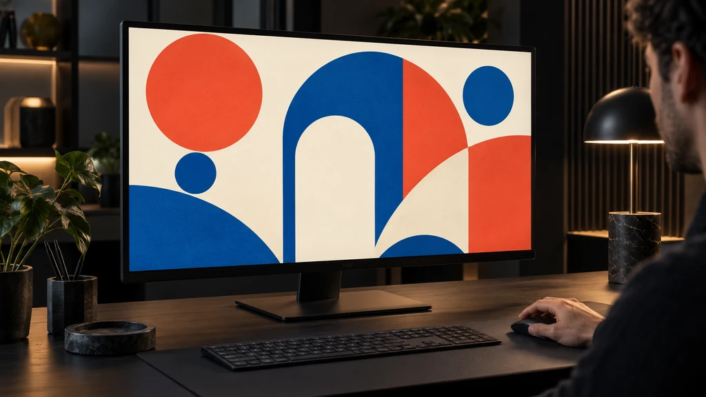 Ilustrační grafický návrh s barevnými geometrickými tvary na monitoru.