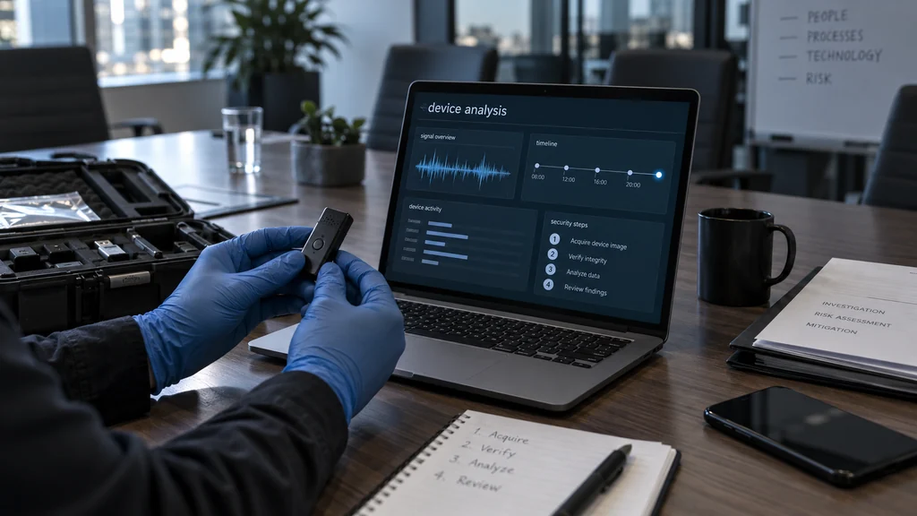 Ruce v ochranných rukavicích drží malé elektronické zařízení před notebookem s forenzní analýzou.