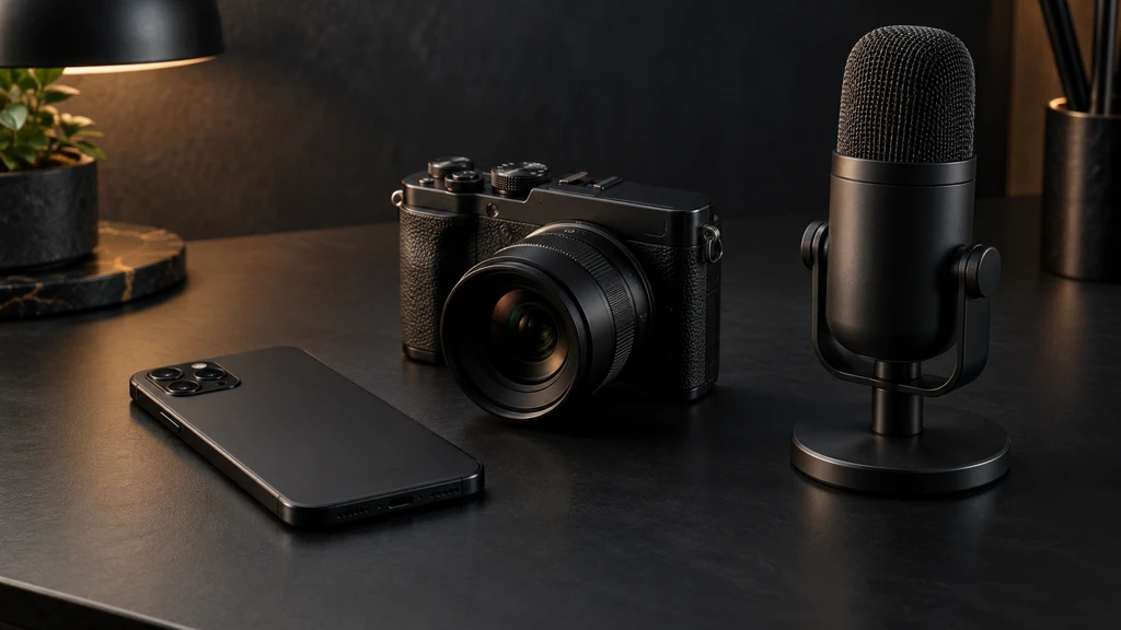 Ilustrační fotografie telefonu, fotoaparátu a mikrofonu pro zpracování multimédií.
