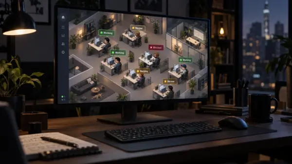 Hopper HQ zobrazuje relace Claude Code jako kancelář s pracovními stoly