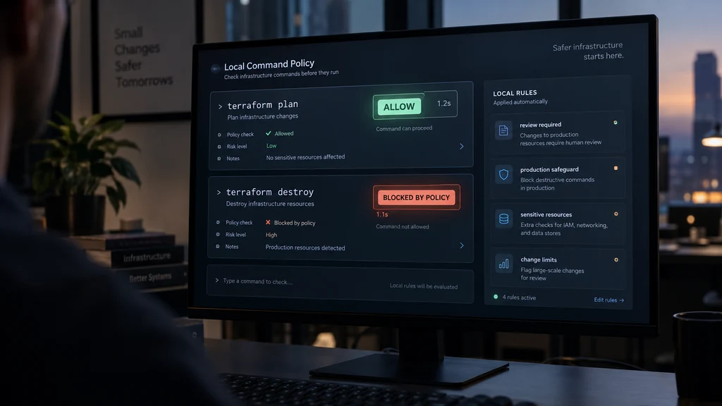 Ilustrační rozhraní lokální kontroly infrastrukturních příkazů podle pravidel. Nejde o screenshot AWS SafeBox ani o záruku bezpečnosti.