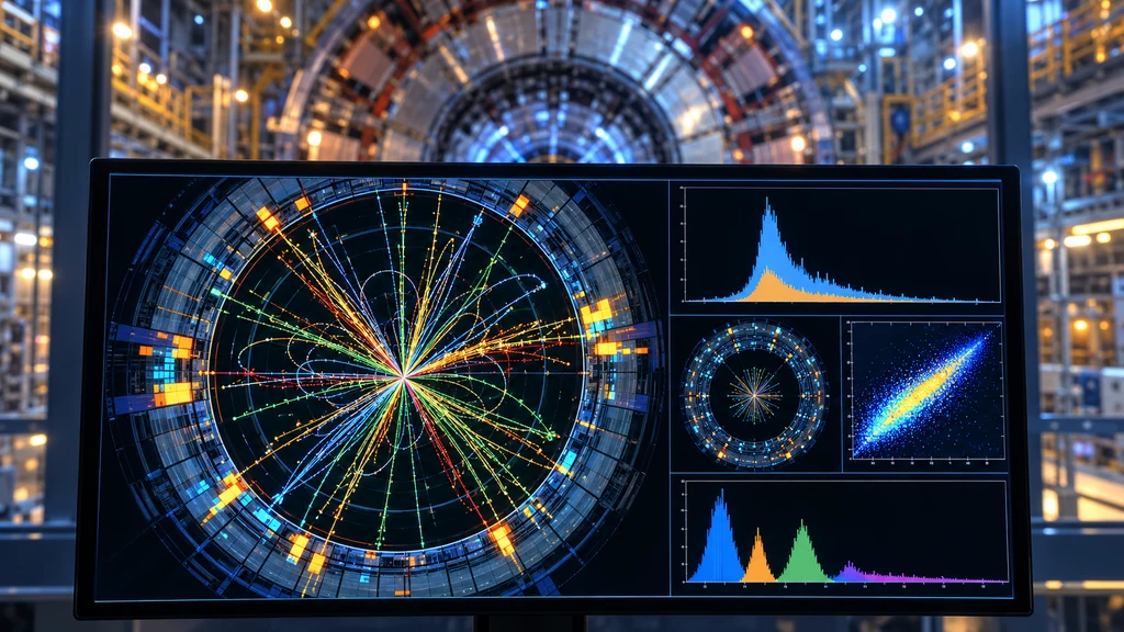 Ilustrační vizualizace srážky částic a souvisejících grafů v experimentálním prostředí. Nejde o skutečná data CERNu.