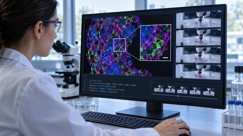 Ilustrační práce s detailem mikroskopického obrazu a časovou sekvencí laboratorních snímků. Nejde o screenshot modelu Glimpse.