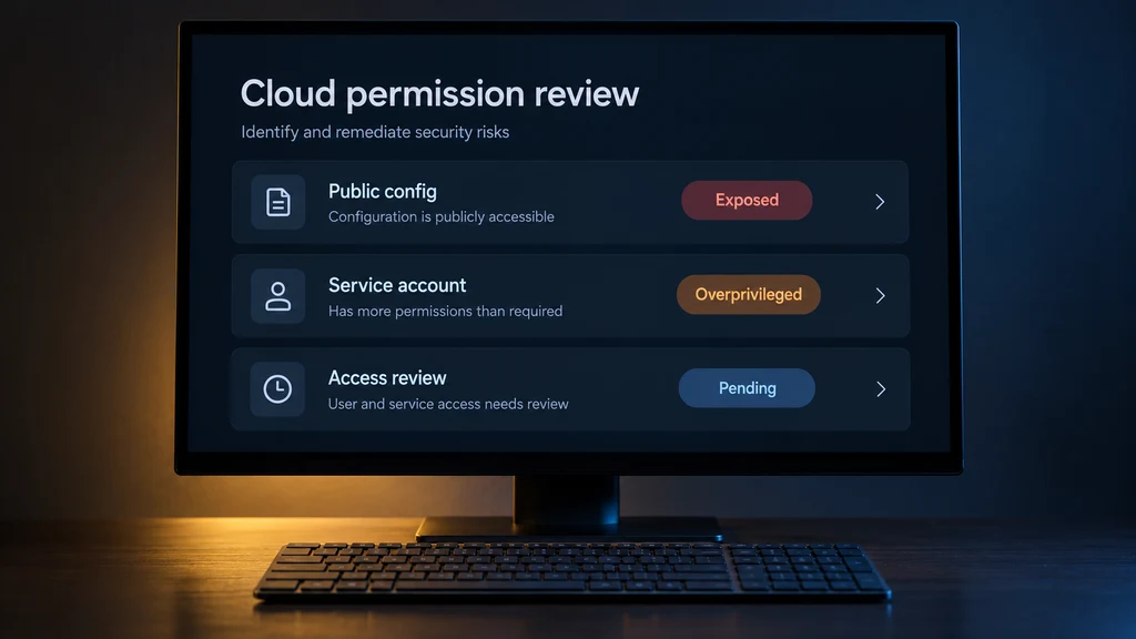 Ilustrační rozhraní kontroly cloudových přístupů s odhalenou konfigurací a nadměrnými oprávněními. Nejde o záznam konkrétního incidentu.